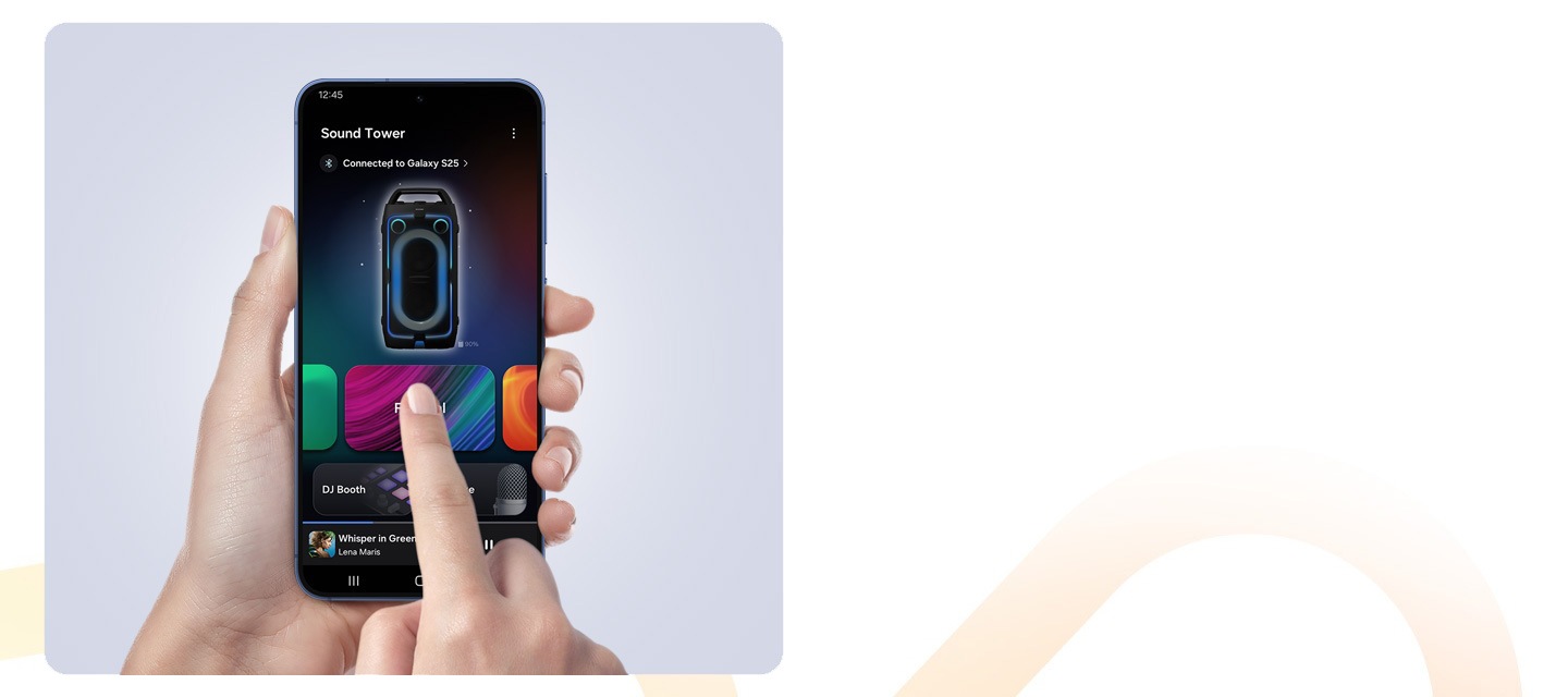 User interacts with the Samsung Sound Tower App on Galaxy S25 smartphone connected to a Samsung Sound Tower.