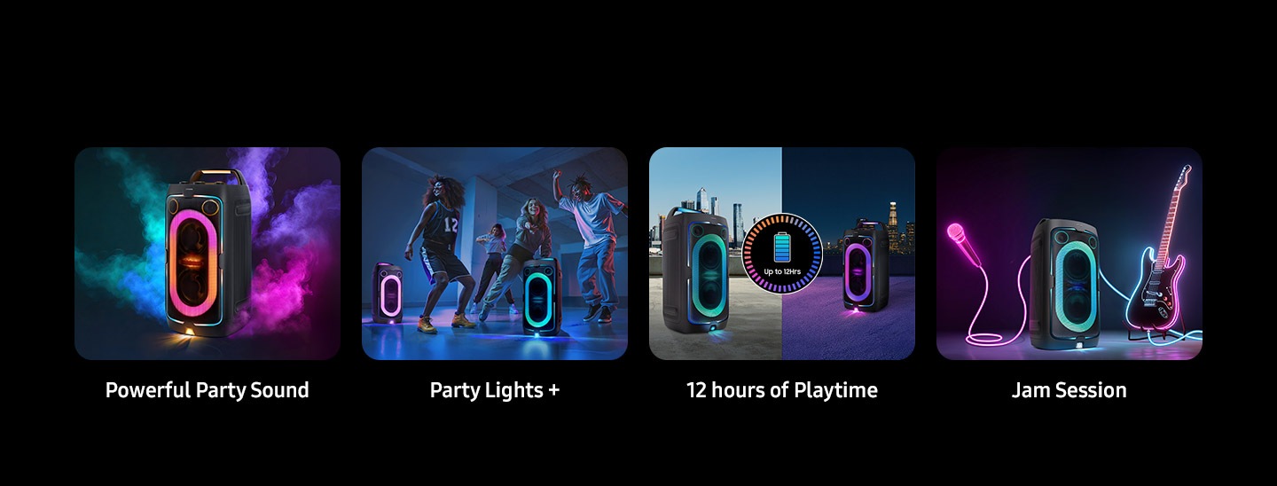 Powerful Party Sound, Party Lights +, up to 12 hours of playtime and Jam Session are shown as the 4 key features of the Samsung Sound Tower ST40F.