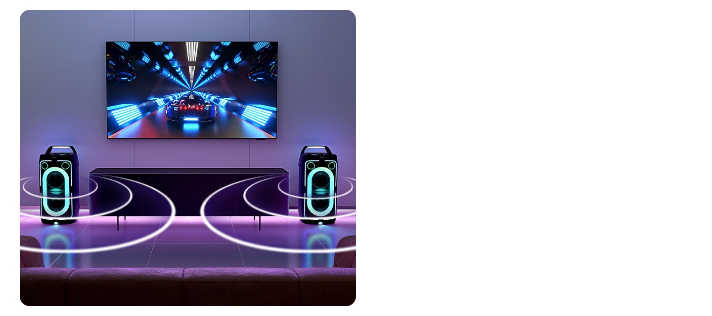 TV in living room displaying gaming scene plays sound via two connected Sound Towers on each side, as shown by soundwaves.
