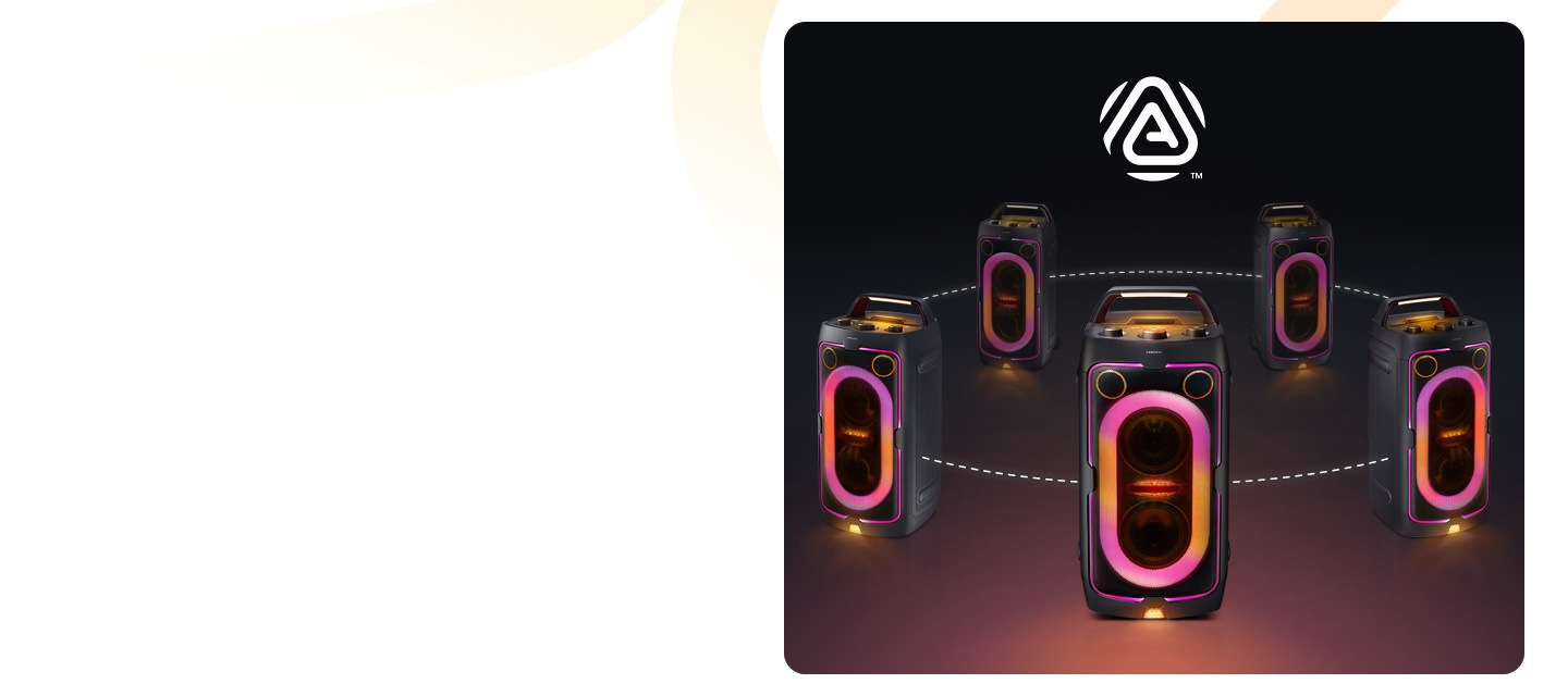 Five Samsung Sound Towers connected with dotted lines for Group Play with Auracast. Auracast logo.