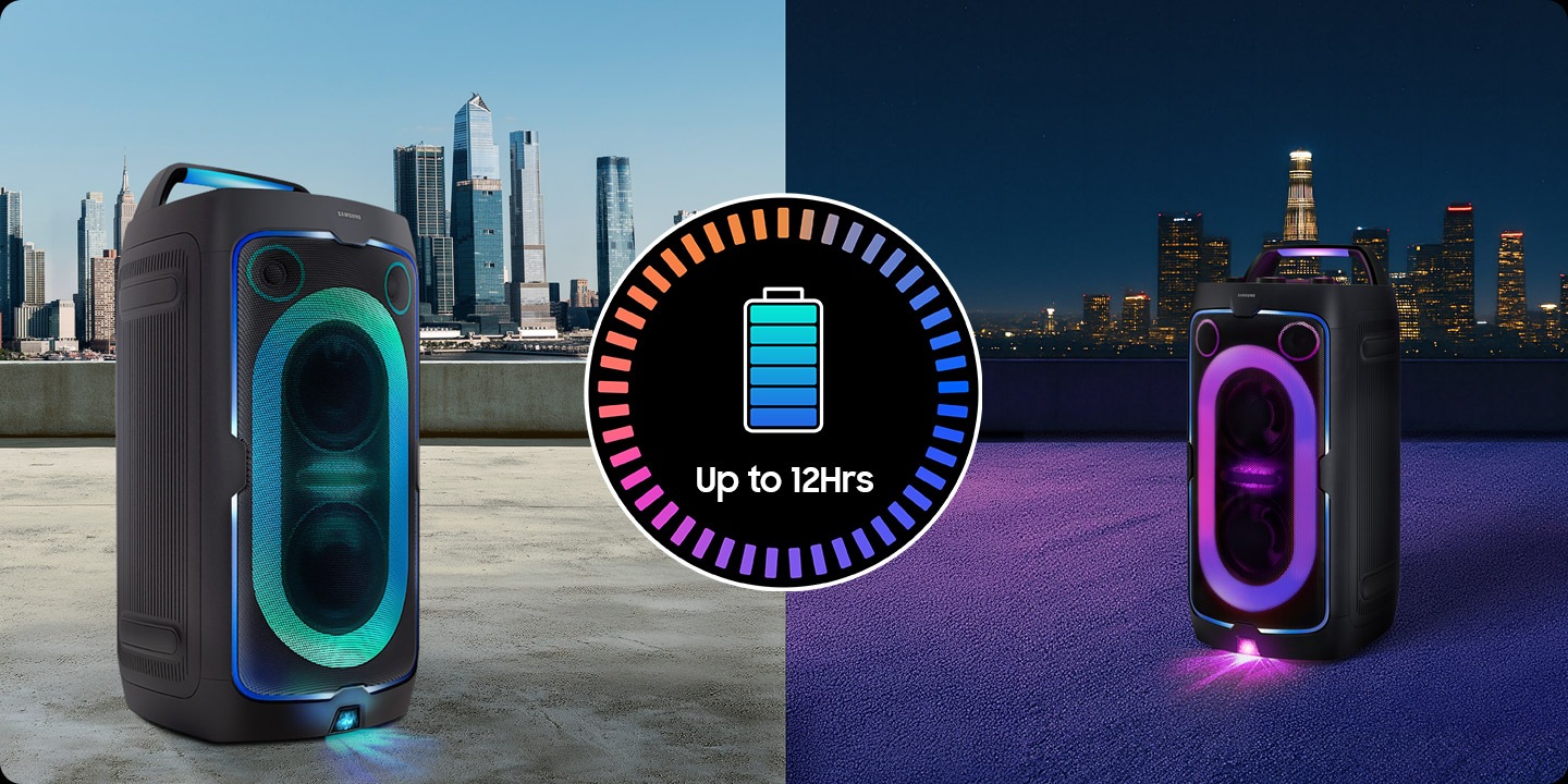 Side-by-side scenes of the Sound Tower ST40F on rooftop during the day and at night with battery illustration. Up to 12Hrs.
