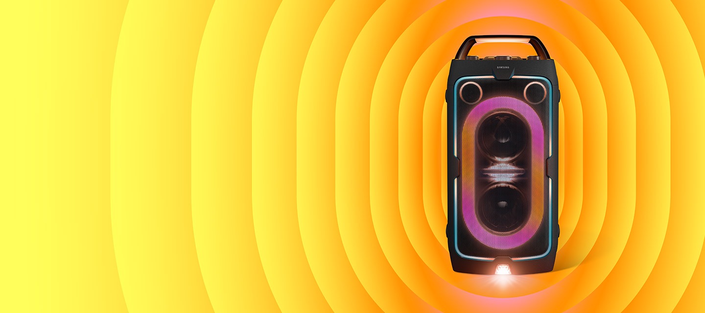 Samsung Sound Tower ST40F with its LED Party Lights on is surrounded by soundwaves in bright yellow.