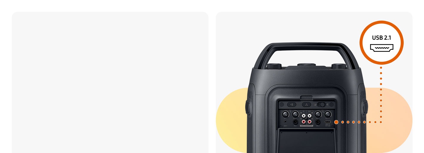 Close-up of a Samsung Sound Tower connected to two smartphones via dotted lined and Bluetooth logos, highlighted by line.