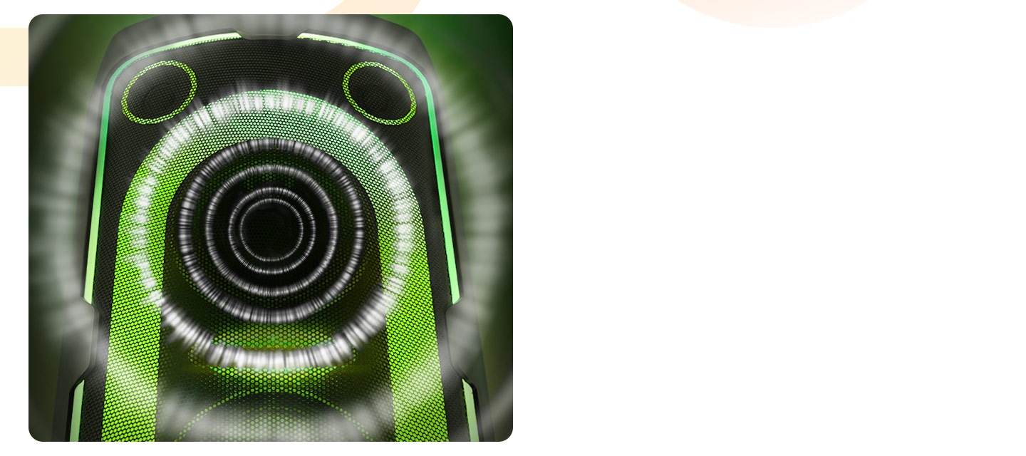 Zoom in on the Sound Tower ST40F. Large soundwaves emanate from the center speaker cone, indicating its power.