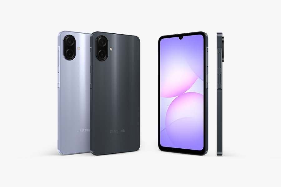 Galaxy A07 shown in black, and light violet from multiple angles, highlighting its sleek and slim design.