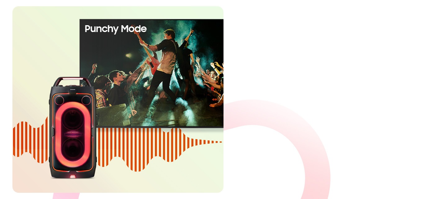 Samsung Sound Tower with soundwaves next to 3 types of concert scene shows how 3 Bass Modes can be used in different settings. Punchy Mode for live band music, Deep Mode for electronic music and Gentle Mode for classical music. The soundwaves coming from Sound Tower are different for each mode.