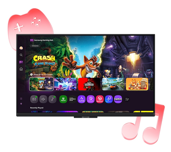 A gaming hub is displayed on the monitor screen.