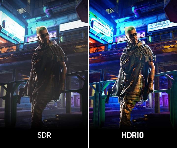 Scene of a man leaning on the guard rail. HDR10 shows the scene more clearly and vibrantly than SDR.