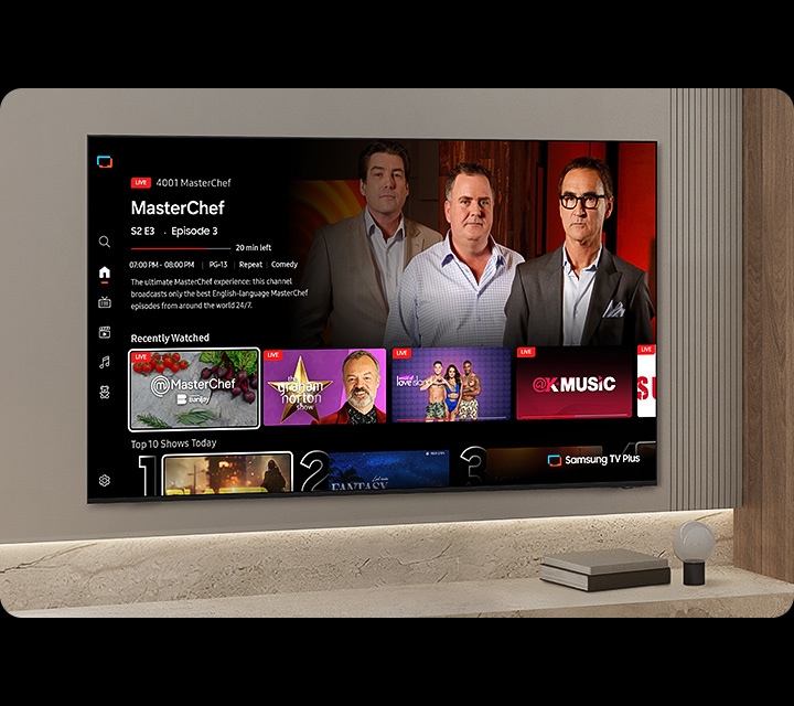 TV in a living room shows Samsung TV Plus home screen and the diverse TV channels available with it.