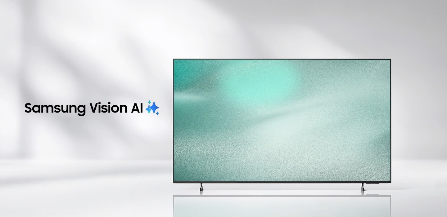 A Samsung TV stands in a clean, minimalist space, playing flowing blue and green abstract visuals. Samsung Vision AI logo.