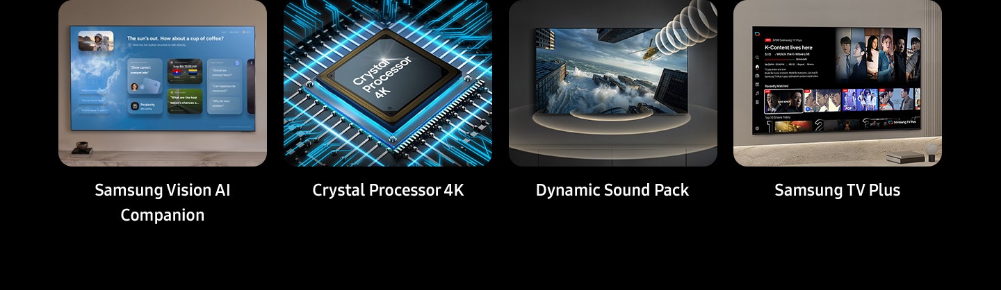 A feature overview, highlighting Samsung Vision AI Companion, Crystal Processor 4K, Dynamic Sound Pack and Samsung TV Plus