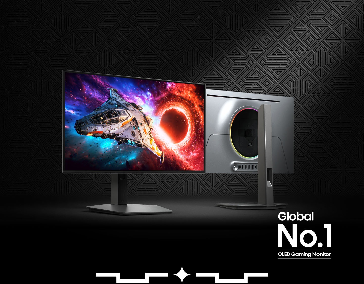 Two Odyssey OLED G8 monitors. One is facing forward, and the other is showing the back panel. The screen shows a spacecraft exiting a portal. Global No 1. Gaming Monitor logo.