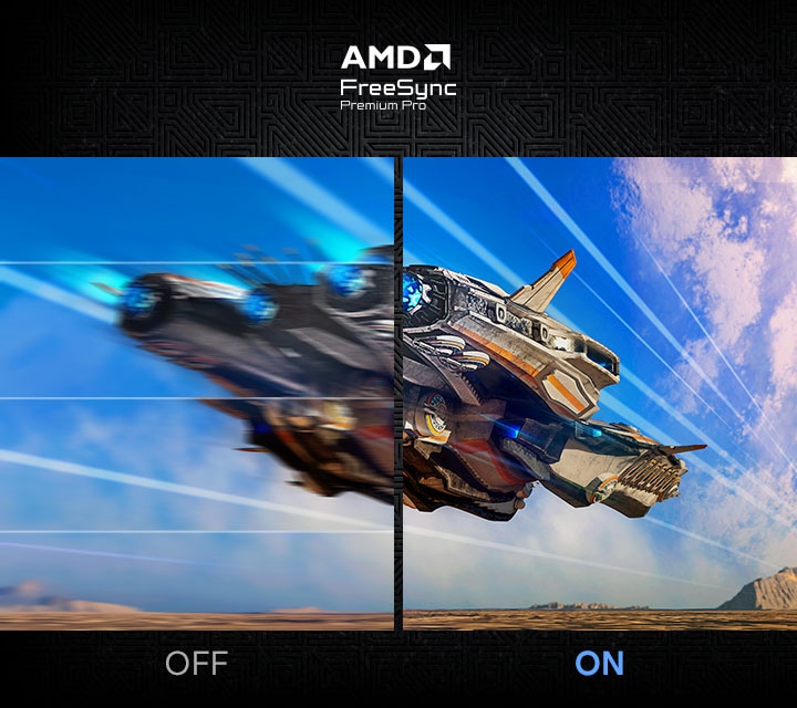 A split screen displays the same aircraft moving at full speed. The image labeled ON is clearer than the image labeled OFF. AMD FreeSync Premium Pro logo.
