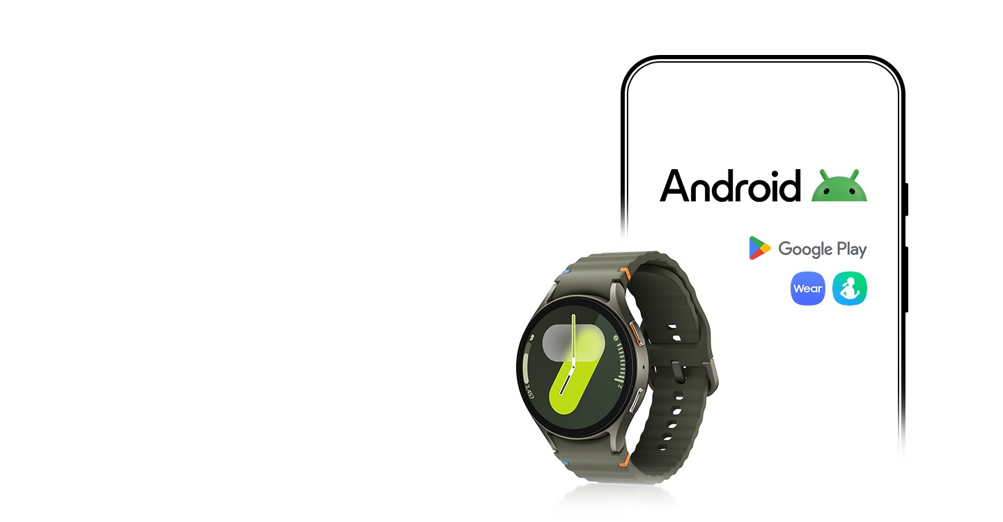 In the back is an Android smartphone with the Android logo, Google Play logo and icons of Galaxy Wearable and Samsung Health apps. In the front is Galaxy Watch7.