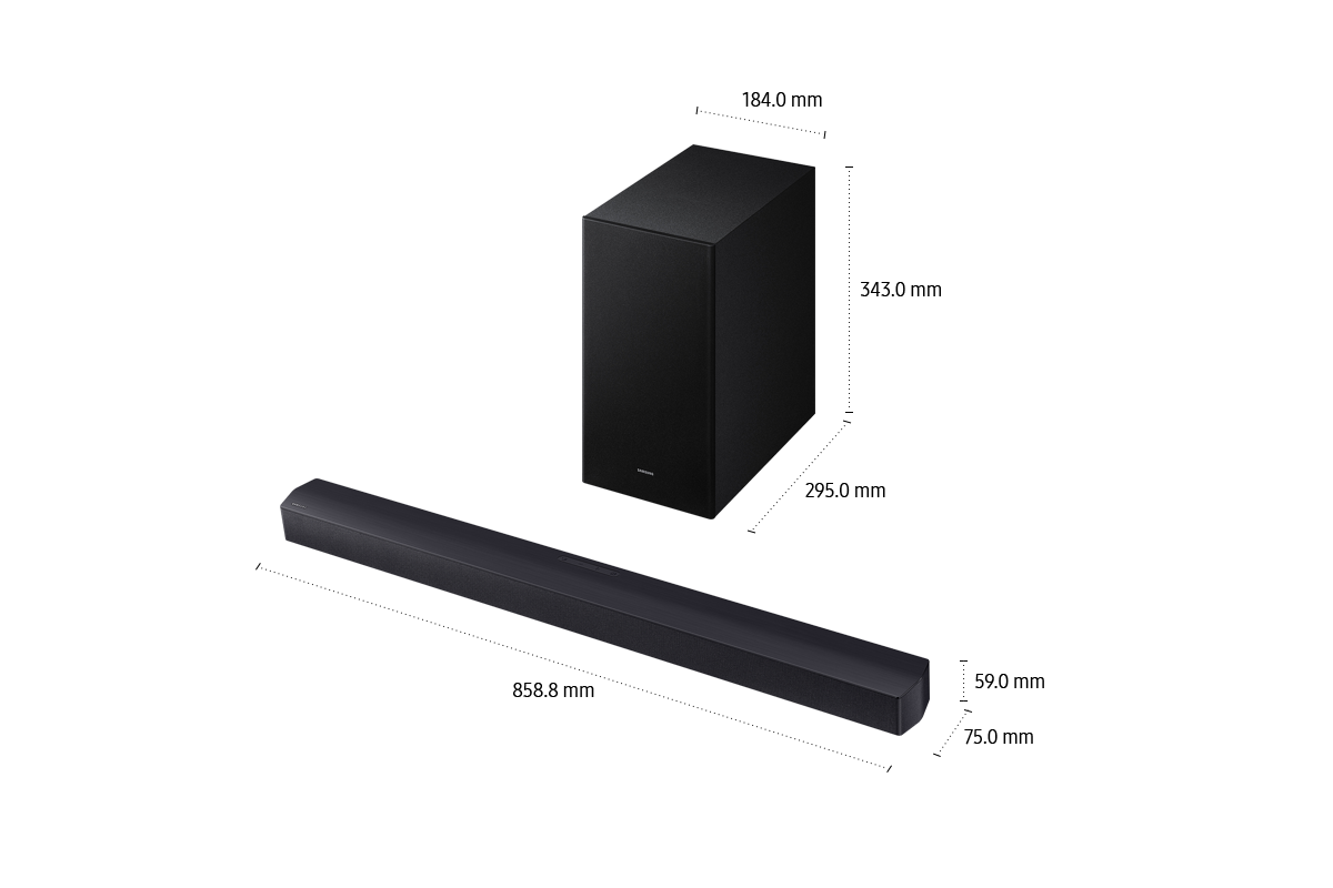 Dimensions of Samsung Soundbar HW-B450F(858.8 x 59 x 75 mm) with its subwoofer(184 x 343 x 295 mm).