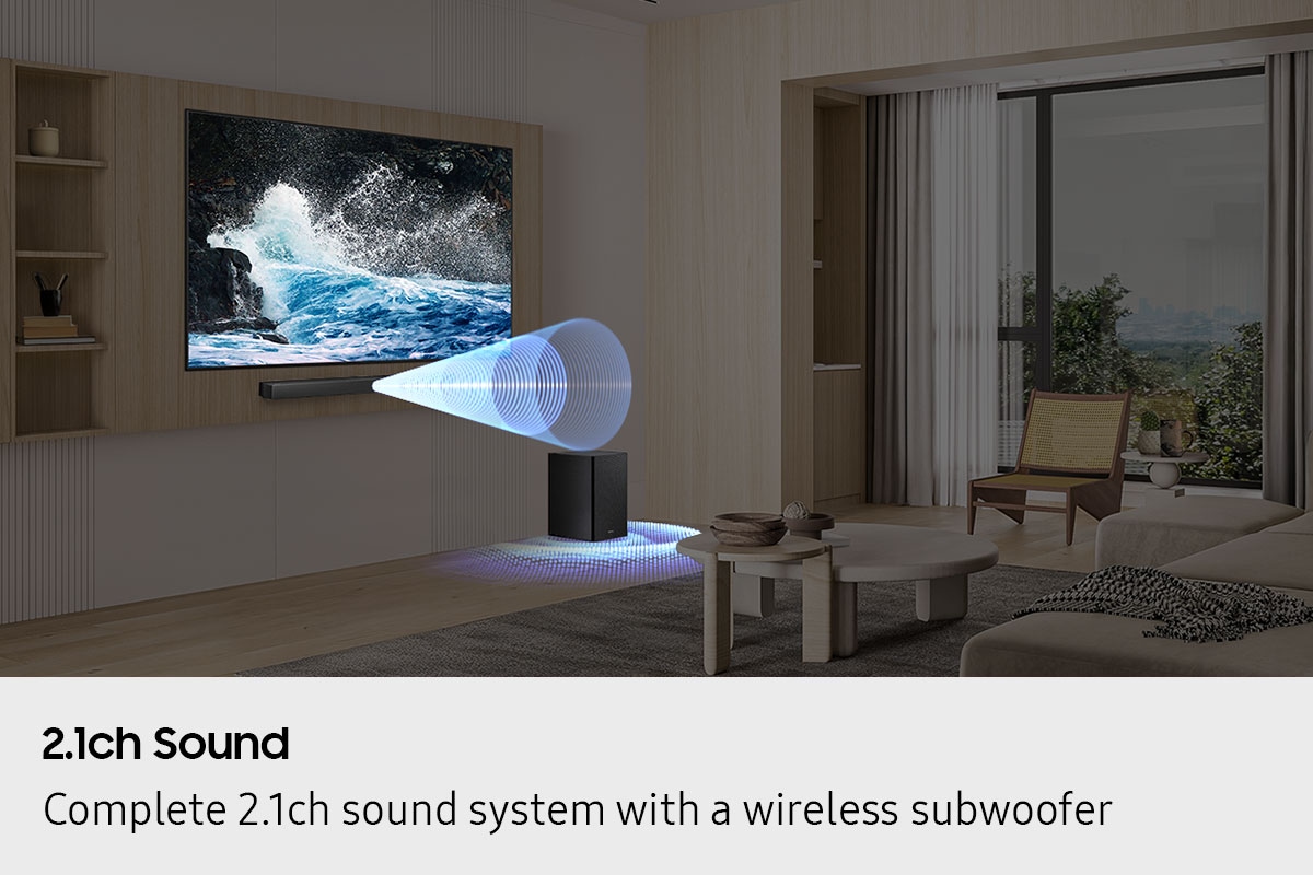 Living room setting with TV and B450F setup. Sound waves emanate from the soundbar and subwoofer.