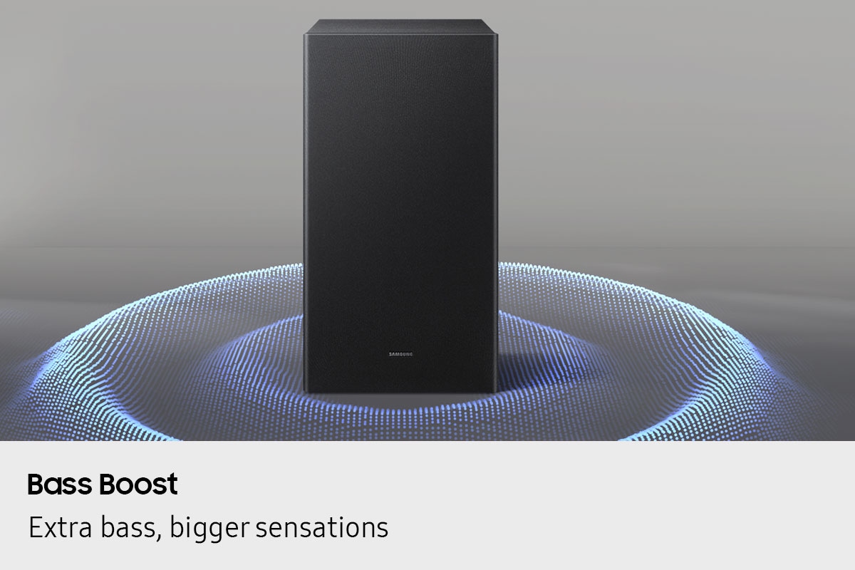 A Samsung subwoofer lets out bass that ripples throughout the floor.