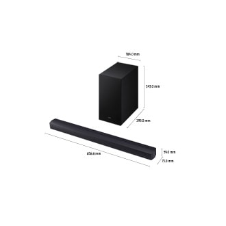 Dimensions of Samsung Soundbar HW-B450F(858.8 x 59 x 75 mm) with its subwoofer(184 x 343 x 295 mm).