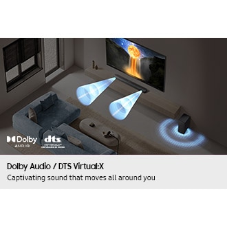 Dolby Audio and DTS Virtual:X sound play from a B450F soundbar below a TV, as indicated by various sound waves.