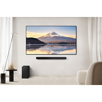 B450F soundbar placed beneath a TV in a living room. A subwoofer is placed on the floor too.