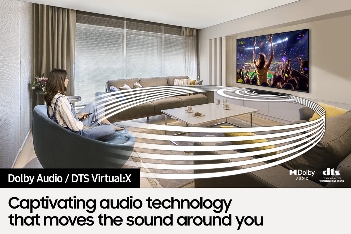 Simulated sound wave graphics illustrate the immersive 3D surround sound. Dolby audio and dts virtual X logo can be seen.