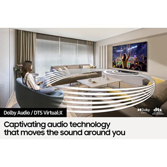 Simulated sound wave graphics illustrate the immersive 3D surround sound. Dolby audio and dts virtual X logo can be seen.