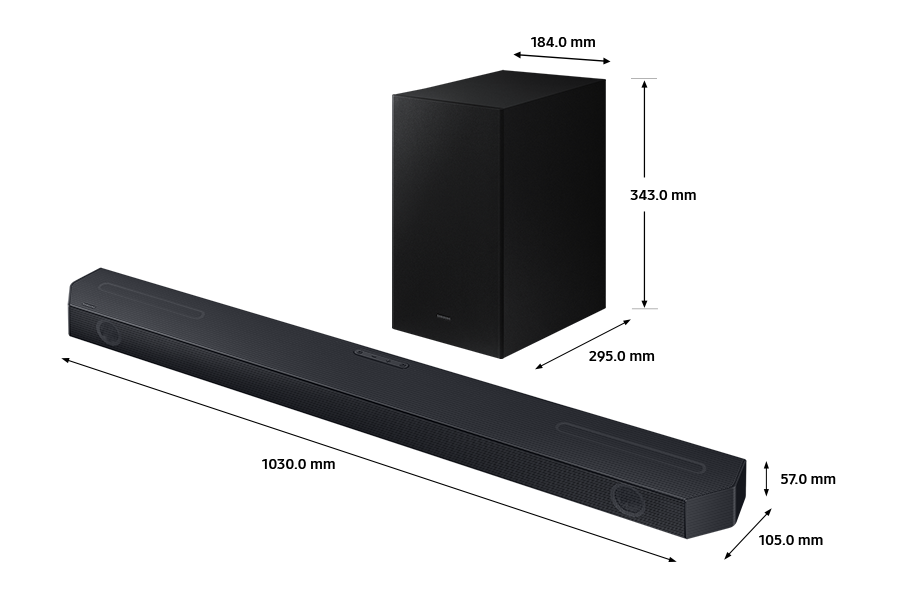 Dimension of Samsung Soundbar HW-Q600C (1030.0 x 57.0 x 105.0 mm) with its subwoofer (184.0 x 343.0 x 295.0 mm).