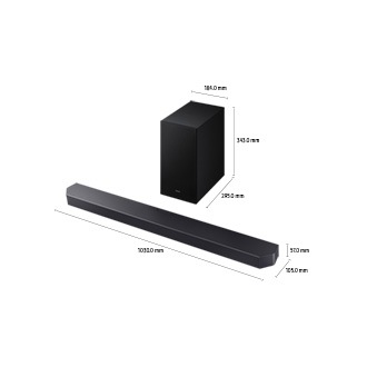 Dimensions of Samsung Soundbar HW-Q600F(1030.0 x 57.0 x 105.0 mm) with its subwoofer(184.0 x 343.0 x 295.0 mm).