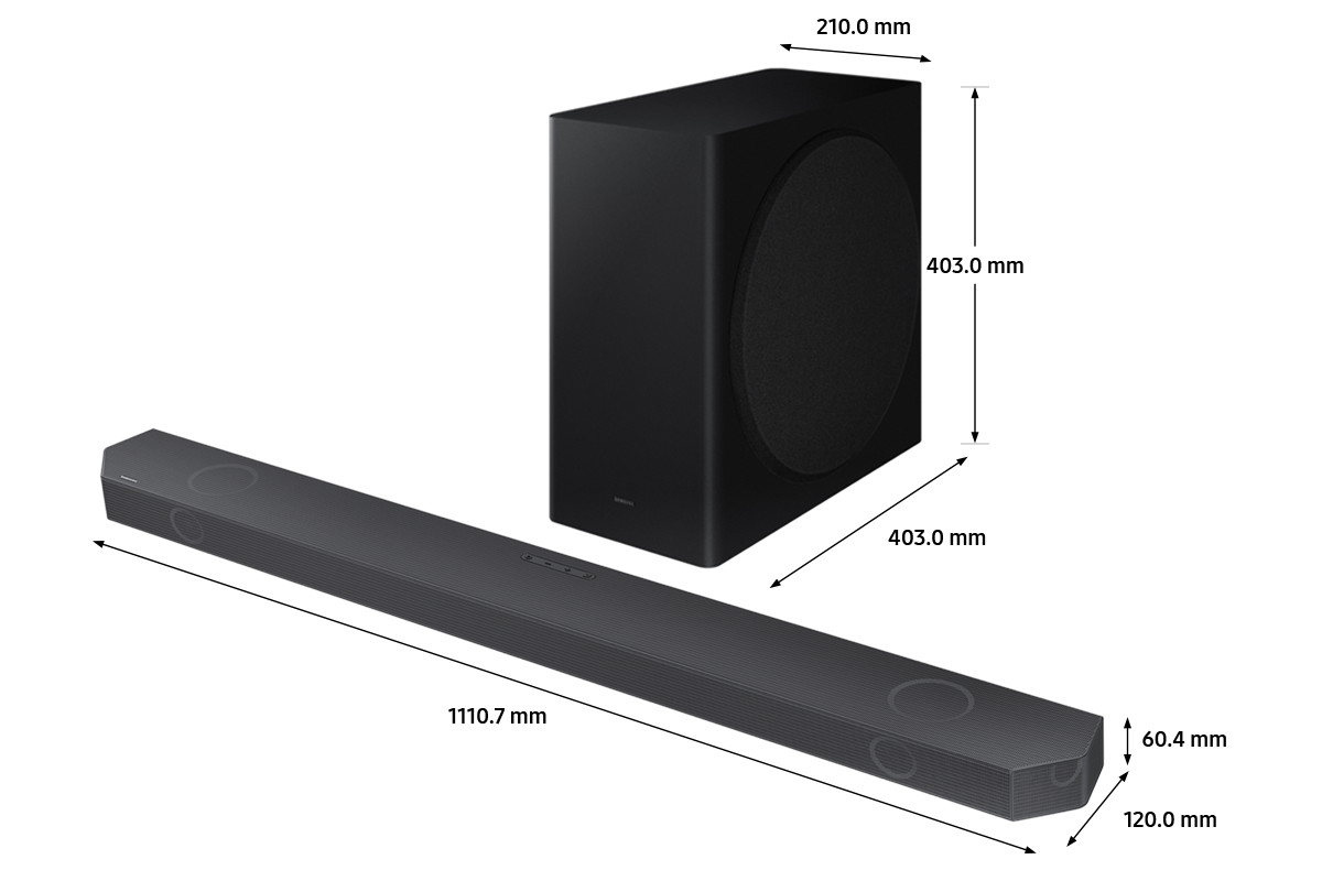 Dimensions of Samsung Q-Series soundbar Q800B set 