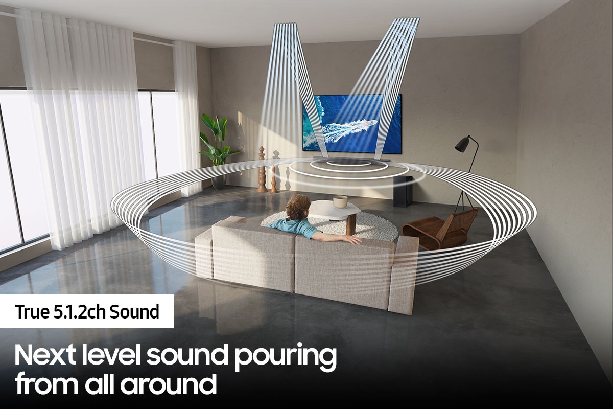 Various soundwave graphics coming from Samsung Q-Series soundbar Q800B soundbar illustrate True 5.1.2ch