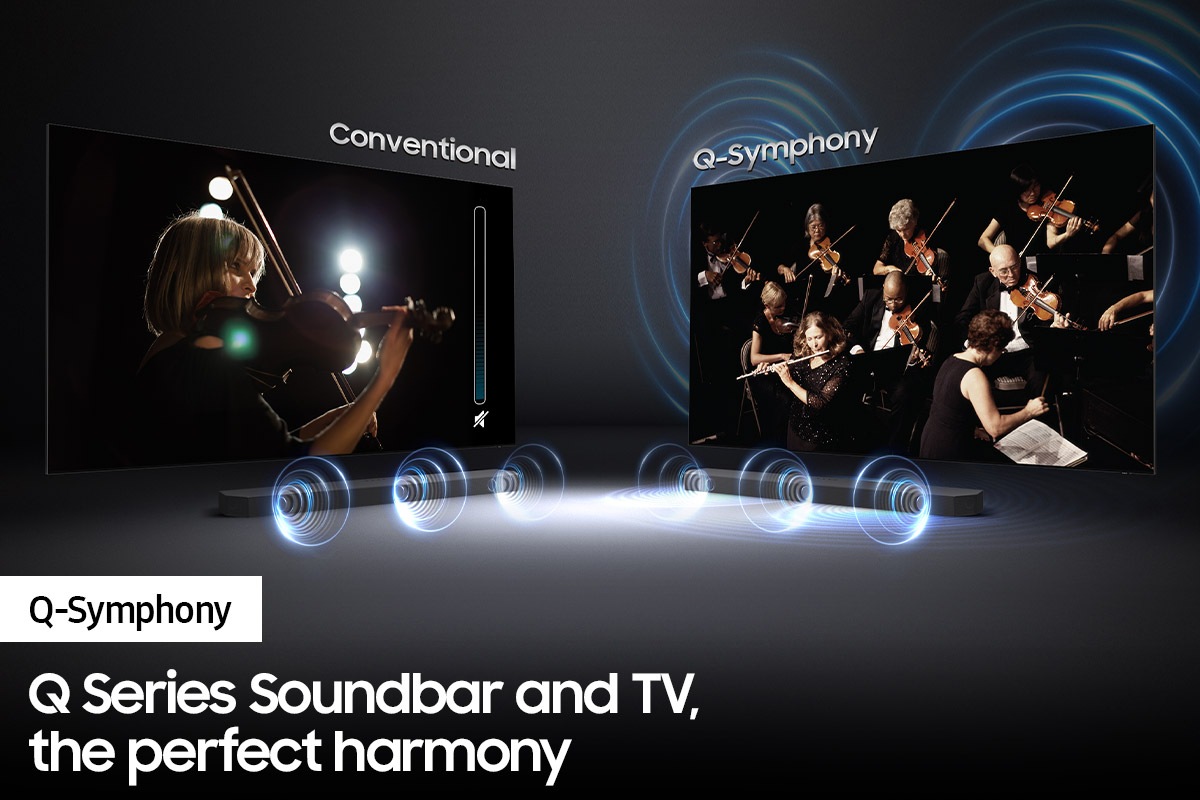 Samsung soundbar with Q-symphony sound together with TV.