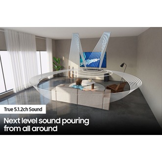 Various soundwave graphics coming from Samsung Q-Series soundbar Q800B soundbar illustrate True 5.1.2ch