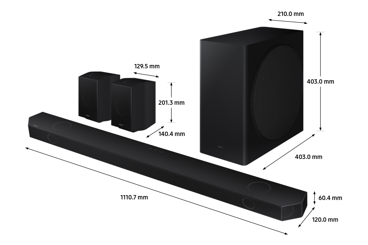 Dimension of Samsung Soundbar HW-Q930B (1110.7 x 60.4 x 120.0 mm) with its subwoofer (210.0 x 403.0 x 403.0 mm), and rear speaker (129.5 x 201.3 x 140.4 mm).