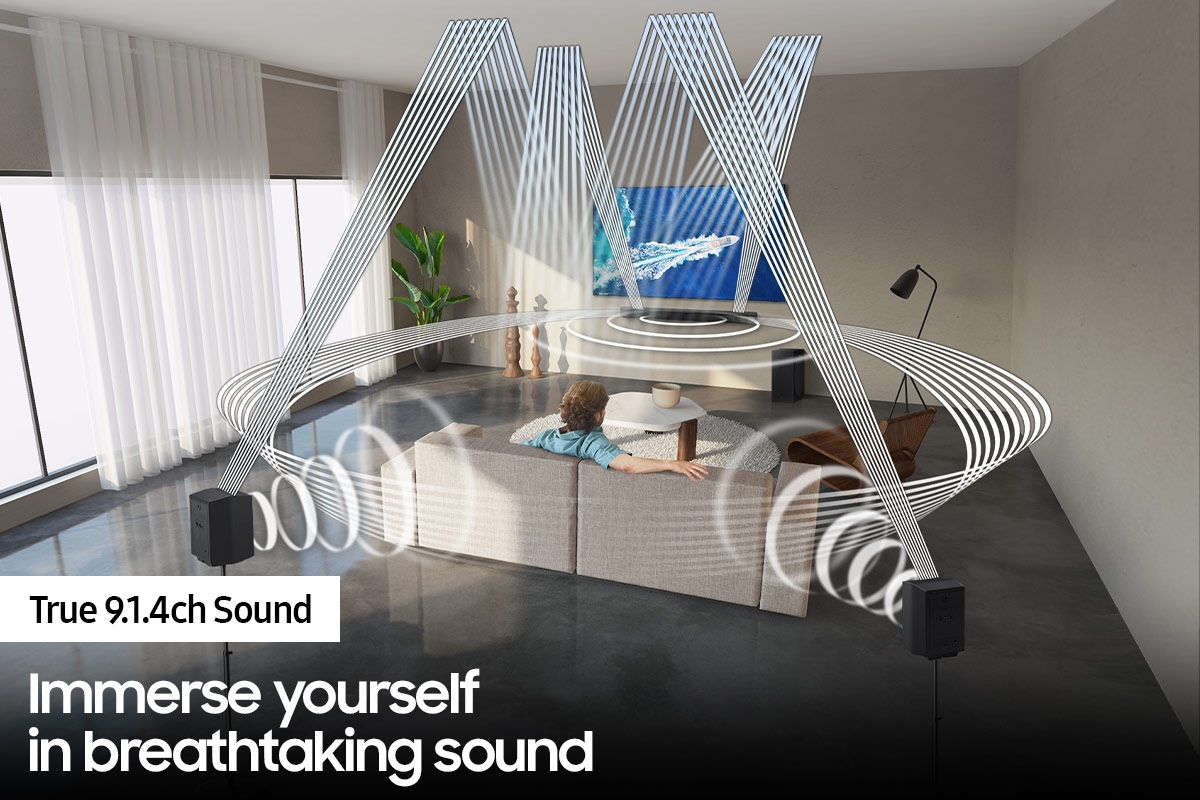 Various soundwave graphics coming from soundbar illustrate True 9.1.4ch sound.