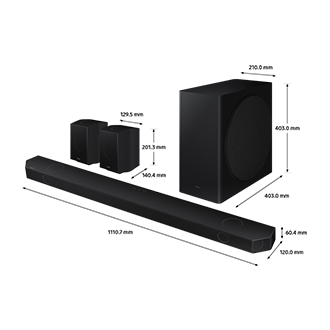 Dimension of Samsung Soundbar HW-Q930B (1110.7 x 60.4 x 120.0 mm) with its subwoofer (210.0 x 403.0 x 403.0 mm), and rear speaker (129.5 x 201.3 x 140.4 mm).