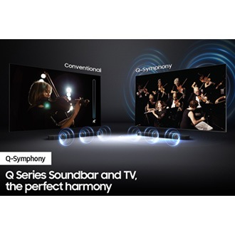 Samsung soundbar with Q-symphony sound together with TV.