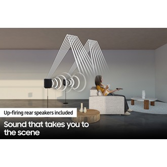 Soundwave graphics demonstrate Q930B wireless rear speaker's upfiring capability in addition to normal sound output direction.