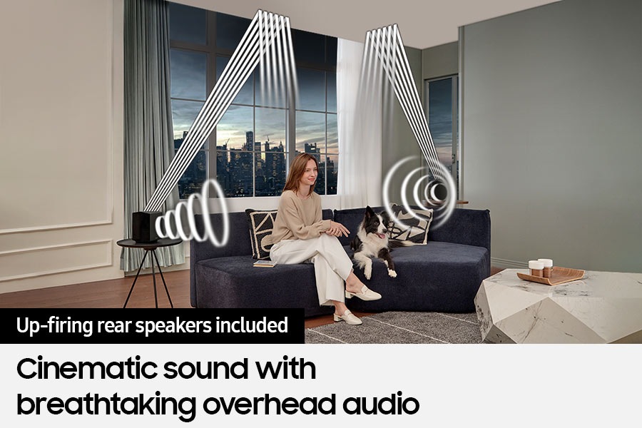 Sound wave graphics show Q930C wireless rear speaker's front and up-firing capabilities.