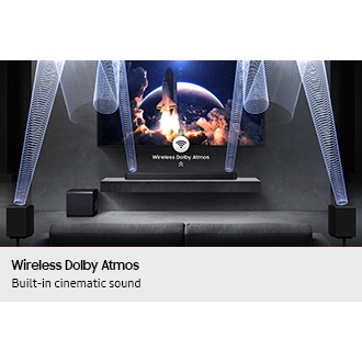 Wireless Dolby Atmos plays from Q930F below TV and rear speakers with sound waves and wireless icon with arrows pointing up.