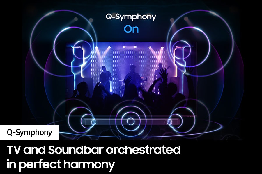 With Q-Symphony on, sound from TV and Q series Soundbar comes together in harmony.