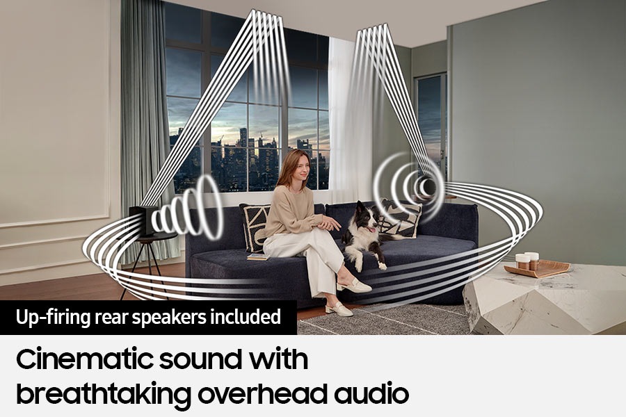 Sound wave graphics show Q990C wireless rear speaker's front, side and up-firing capabilities.