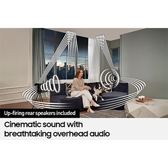 Sound wave graphics show Q990C wireless rear speaker's front, side and up-firing capabilities.