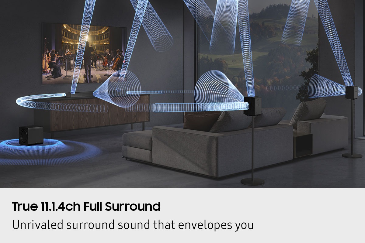 Living room with TV and Q990F setup. Sound waves from soundbar, subwoofer and rear speakers travel around and fill the room.