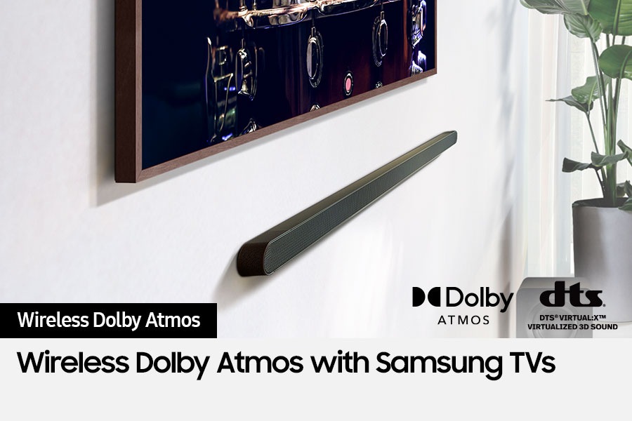 Samsung Soundbar connected wirelessly to TV. Dolby Atmos logo and DTS Virtual:X logo.