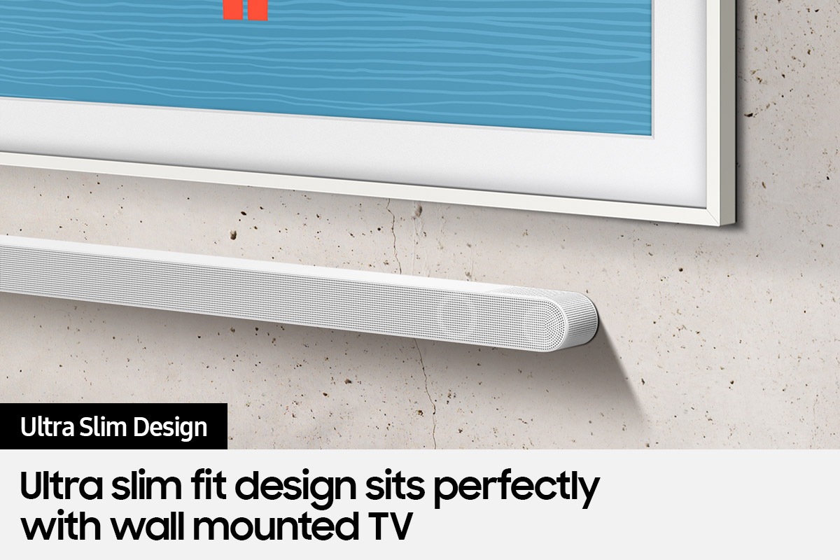 Samsung ultra slim soundbar S801B and a TV is hanging on the living room.
