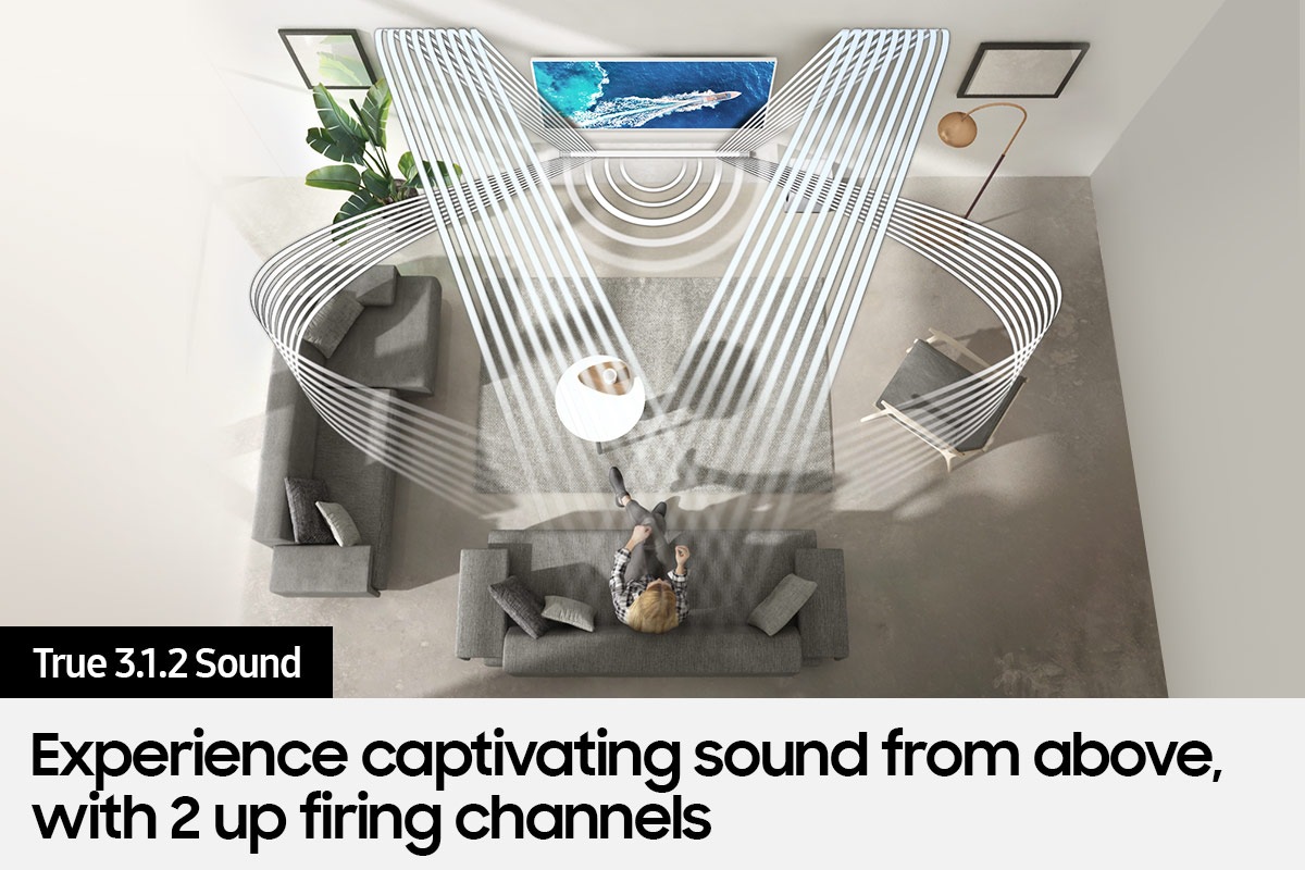 Various soundwave graphics coming from soundbar illustrate True 3.1.2ch sound.