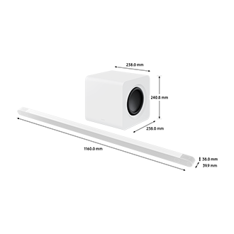 Dimension of Samsung Soundbar HW-S801B (1160.0 x 38.0 x 39.9 mm) with its subwoofer (238.0 x 240.8 x 238.0 mm).