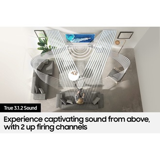 Various soundwave graphics coming from soundbar illustrate True 3.1.2ch sound.