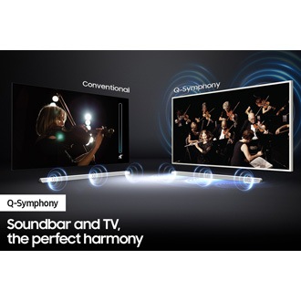 Samsung soundbar with Q-symphony sound together with TV.