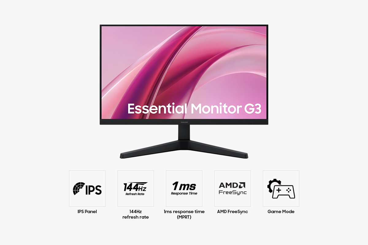 Front of the 24-inch Samsung Essential Monitor G3. Five icons for features about IPS Panel, 144Hz refresh rate, 1ms response time(MPRT), AMD FreeSync and Game Mode.